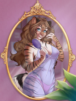 anthro bedroom blue_eyes breasts brown_hair brush clothing curvy_figure erect_nipples exposed_breasts female fur fur_markings hair hairbrush hourglass_figure inside markings mirror morning multicolored_body multicolored_fur nightgown nipples panties pink_clothing pink_panties pink_underwear pose robe robe_only skinny solo striped_body stripes translucent underwear vanity_mirror visible_underwear wavy_hair chrysanthemummy fina_(tigermigo) felid humanoid mammal pantherine tiger hi_res pinup