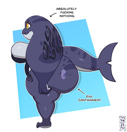 anthro big_breasts big_butt breasts butt female huge_breasts huge_butt huge_thighs non-mammal_breasts orange_eyes profanity purple_body side_view solo tail text thick_tail thick_thighs justkindofhere evil_container shelly_(justkindofhere) aquatic fish manta_ray ray_(fish) stingray 2025 digital_media_(artwork) english_text meme