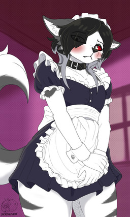 anthro black_hair black_nose choker clothing femboy fur grey_body grey_fur hair jewelry male necklace red_sclera solo white_body white_fur allartskye mythology canid canid_demon canine canis demon hellhound mammal mythological_canine mythological_creature wolf absurd_res hi_res
