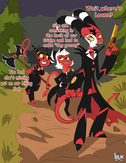 axe black_eyes cartoon_freckles eyelashes female forest forest_background freckled_face freckles group gun handgun holding_gun holding_object holding_ranged_weapon holding_weapon long_eyelashes male plant ranged_weapon red_eyes tree trio walking weapon yellow_sclera story_delight hellaverse helluva_boss blitzo_(helluva_boss) millie_(helluva_boss) moxxie_(helluva_boss) demon humanoid imp