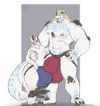 anthro big_bulge big_butt big_muscles black_claws black_horn blonde_hair blue_body blue_scales bulge bulge_frottage butt claws clothing duo eyewear fur genitals glasses hair horn huge_bulge huge_muscles male male/male mostly_nude muscular muscular_male nipples scales simple_background size_difference tail white_body white_scales yellow_body yellow_scales sad_tomato mythology axel_(sad_tomato) nogard_krad_nox dragon furred_dragon furred_scalie mammal mythological_creature mythological_scalie scalie hi_res