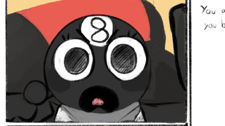 8_ball ball billiard_ball black_body black_cheeks blonde_hair bodily_fluids crying eyelashes hair horrified mirror pink_bow pink_cheeks smile smug tears text white_body yellow_body young tr1clip blushcrunch_studio dandy's_world omegle glisten_(dandy's_world) toodles_(dandy's_world) animate_inanimate animated english_audio english_text hi_res meme short_playtime sound video