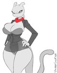 anthro big_breasts bottomwear breasts clothed clothing female genitals hands_on_hips no_underwear pussy scarf skirt solo translucent translucent_clothing undercooked_(artist) nintendo pokemon mew_tuely_(fan_character) milftwo generation_1_pokemon legendary_pokemon mewtwo pokemon_(species)