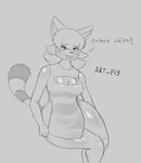 anthro big_breasts breasts clothed clothing dialogue female fur grey_background looking_at_viewer simple_background smile smiling_at_viewer solo talking_to_viewer thick_thighs artply mammal procyonid raccoon 2021 absurd_res hi_res monochrome