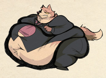 annoyed anthro belly belly_overhang belly_peeking_out big_belly big_butt bodily_fluids business_suit butt button_(fastener) clenched_teeth clothed clothing fur huge_belly huge_butt love_handles male moobs morbidly_obese morbidly_obese_anthro morbidly_obese_male navel necktie obese obese_anthro obese_male orange_body orange_fur overweight overweight_anthro overweight_male solo standing straining_buttons suit sweat sweatdrop teeth thick_thighs tight_clothing wide_hips oshyfriend canid canine fox mammal hi_res
