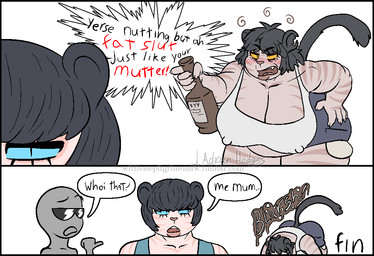 alcohol ambiguous_gender anthro beverage big_breasts bottle breasts clothed clothing container drunk female group huge_breasts makeup nipple_outline overweight overweight_female substance_intoxication wittless-pilgrim anon felid humanoid mammal comic