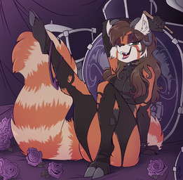 2_horns anthro big_breasts biped black_body black_clothing black_fur black_legwear black_nose black_stockings bracelet breasts brown_hair clothed clothing clothing_around_one_leg cloven_hooves collar curled_horn drum drum_set drumming_stick eyebrows eyelashes eyeshadow female flower fluffy fluffy_tail fur hair half-closed_eyes holding_object hooves horn jewelry legwear long_eyelashes long_hair looking_at_viewer makeup markings multicolored_body multicolored_fur musical_instrument narrowed_eyes open_mouth panties panties_around_one_leg panties_down partially_clothed percussion_instrument percussion_mallet plant purple_eyeshadow raised_leg red_body red_fur ring_(marking) ringed_tail rose_(flower) sitting sitting_on_ground solo spiked_bracelet spikes stockings striped_markings striped_tail stripes suggestive tail tail_markings teeth tongue underwear underwear_around_one_leg underwear_down unguligrade white_body white_fur white_markings fuf maile_(gratitude-advocate) ailurid bovid caprine demon goat hybrid mammal red_panda 2019 hi_res
