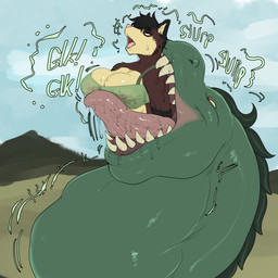 anthro big_breasts breast_lick breast_play breast_squish breasts crossgender duo female female_prey glk larger_male licking lidded_eyes looking_pleasured male male/female male_pred neck_bulge nipple_outline open_mouth oral_vore sharp_teeth size_difference smaller_female squish swallowing teeth thick_neck tongue vore azathura huttser-coyote_(character) jess_(azathura) canid canine canis coyote lizard mammal monster reptile scalie 1:1 digital_media_(artwork) hi_res