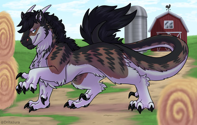 claws day farm feral fur hair horn looking_at_viewer male multicolored_body multicolored_fur outside pose smile smiling_at_viewer solo tail dritazura felkin_(maximesoad) felkin absurd_res hi_res