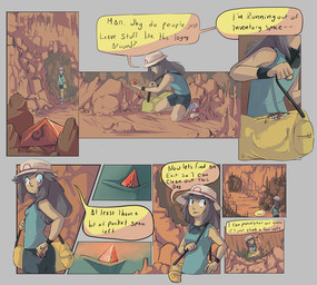 bag blue_clothing blue_shirt blue_tank_top blue_topwear bottomwear cave clothing crouching dialogue female hat headgear headwear pokeball potion_(pokemon) red_crystal shirt shorts solo speech_bubble tank_top text topwear fauvfox nintendo pokemon leaf_(pokemon) human mammal 2017 better_version_at_source comic english_text