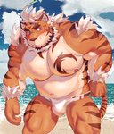 anthro beach beard belly blue_eyes blush bulge clothing countershading facial_hair humanoid_hands kemono male moobs navel nipples outside overweight overweight_anthro overweight_male pecs seaside solo swimwear water episode0006 lifewonders tokyo_afterschool_summoners hombre_tigre_(tas) felid mammal pantherine tiger 2020 absurd_res hi_res