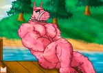 anthro bandaged_neck black_eyebrows black_eyes butt ears_up eye_patch eyebrows eyewear feet floor fur grass grin lake male muscular muscular_anthro muscular_arms muscular_legs muscular_male nude pecs pier pinata pink_body pink_fur plant public public_nudity smile solo teeth tree wood wood_floor wool_(fur) kaiser_dragonstro epic_games fortnite lt._john_llama animate_inanimate camelid living_pinata llama mammal hi_res