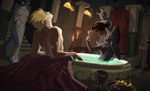 alcohol anthro bath beverage blonde_hair breasts column female food fruit fur grape group hair male nude plant wine vespertellino canid canine canis human mammal wolf hi_res