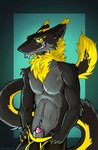 animal_genitalia anthro arm_tuft athletic athletic_anthro athletic_male balls_in_underwear black_body black_ears black_fur black_inner_ear_fluff black_sheath black_tail bulge cheek_tuft chest_tuft chin_tuft dipstick_ears ear_markings facial_tuft fur genitals glistening glistening_eyes grey_body grey_fur grin inner_ear_fluff male multicolored_ears neck_tuft penis penis_poking_out penis_tip pink_penis presenting presenting_penis pupils sharp_teeth sheath sheath_poking_out shoulder_tuft simple_background slit_pupils smile solo tail teeth tuft yellow_body yellow_ears yellow_eyes yellow_fur yookie sergal 2020 dated hi_res signature