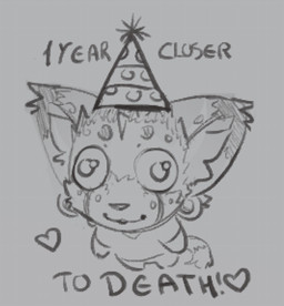 :3 anthro birthday bottomwear cheek_tuft chibi circle_eyebrows clothing dipstick_ears ear_markings ear_piercing ear_ring ear_tuft eyebrows facial_tuft gauged_ear hat headgear headwear male markings multicolored_ears pants party_hat piercing ring_piercing shirt solo tail tail_tuft text topwear tuft k0moya will_(k0moya) felid feline mammal serval black_and_white monochrome sketch
