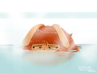 anthro bath female hair half-closed_eyes markings mole_(marking) narrowed_eyes partially_submerged red_hair solo water kyu-bum_lee captain_emily lagomorph leporid mammal rabbit 2020