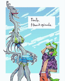 abstract_background anthro bikini bikini_bottom bikini_thong bikini_top blue_background breasts clothed clothing cloud duo female fur gradient_background green_body green_fur green_hair grey_body hair long_arms long_body long_limbs long_neck male open_clothing open_shirt open_topwear pool_float shielding_eyes shirt simple_background size_difference sky spikes spikes_(anatomy) spines standing swimming_trunks swimwear text tongue tongue_out topwear two-piece_swimsuit unusual_anatomy white_background btascandalist beef_(btascandalist) animal_humanoid canid canid_humanoid canine canine_humanoid canis dog_humanoid domestic_dog humanoid mammal mammal_humanoid tapeworm english_text hi_res nonbinary_(lore)