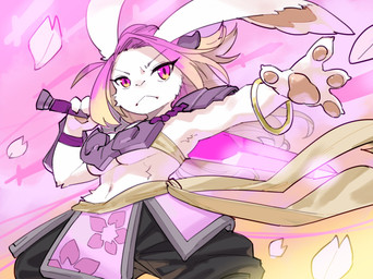 4_fingers anthro armor bracelet breastplate breasts cherry_blossom claws clothed clothing female female_anthro finger_claws fingers flower frown fur hair jewelry kemono looking_at_viewer melee_weapon multicolored_hair navel pawpads pink_eyes pink_hair plant pose prunus_(flower) solo sword tan_hair under_boob weapon white_body white_fur kame_3 gunfire_reborn tao_(gunfire_reborn) lagomorph leporid mammal rabbit 2021 digital_media_(artwork) hi_res shaded