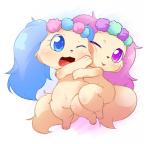 anthro blue_eyes blue_hair blush dual_persona duo fur hair kemono nude one_eye_closed open_mouth purple_eyes simple_background tan_body tan_fur tongue white_background ukan_muri jewelpet sanrio sega sega_fave sapphie_(jewelpet) bird_dog canid canine canis cavalier_king_charles_spaniel domestic_dog hunting_dog mammal spaniel toy_dog