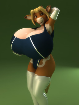 anthro big_breasts blonde_hair boots breasts clothed clothing female footwear fur gloves gradient_background green_background hair hand_on_breast handwear horn huge_breasts hyper hyper_breasts knee_boots knee_highs legwear looking_at_viewer one-piece_swimsuit pose shoes simple_background smile solo swimwear anthroanim annabelle_cow bovid bovine cattle mammal 2017 3:4 3d_(artwork) absurd_res digital_media_(artwork) hi_res