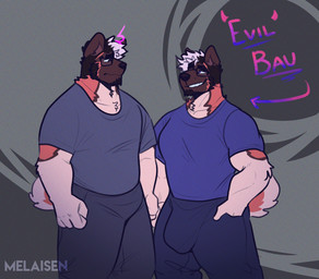 anthro arm_tuft big_bulge blue_bottomwear blue_clothing blue_pants blue_shirt blue_t-shirt blue_topwear bottomwear brown_body brown_ears brown_face brown_fur bulge clone clothed clothed_anthro clothed_male clothing countershade_fur countershading directional_arrow duo elbow_tuft eyewear facial_hair fully_clothed fully_clothed_anthro fully_clothed_male fur glasses goatee grin hair hand_in_pocket imminent_selfcest looking_at_another male mouth_closed multicolored_body multicolored_fur multicolored_text orange_body orange_fur orange_tail pants pink_hair pockets purple_text shirt smile standing t-shirt tail tan_body tan_countershading tan_fur text topwear tuft wavy_mouth wearing_glasses melaisen bau_(melaisen) akita american_akita canid canine canis domestic_dog mammal spitz 2023 absurd_res artist_name digital_drawing_(artwork) digital_media_(artwork) english_description english_text hi_res portrait three-quarter_portrait