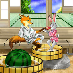 anthro asian_clothing barefoot buckteeth claws clothing crossed_legs dipstick_tail duo east_asian_clothing feet female food fruit fur green_eyes grey_body grey_fur hindpaw holding_object inside japanese_clothing kimono male markings melon multicolored_body multicolored_fur multicolored_tail open_mouth orange_body orange_fur partially_submerged pawpsicle paws plant popsicle purple_eyes sitting smile tail tail_markings teeth toe_claws two_tone_body two_tone_fur watermelon atlantica0208 disney zootopia judy_hopps nick_wilde canid canine fox lagomorph leporid mammal rabbit red_fox true_fox 1:1 2016