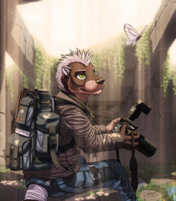 anthro backpack biped building camera clothed clothing coat detailed_background feral flower hair insect_wings male outside plant post-apocalyptic rope rubble ruins sitting smile solo topwear vines wings fighterjet nintendo pokemon arthropod butterfree generation_1_pokemon insect lepidopteran mammal mustelid otter pokemon_(species) digital_media_(artwork) hi_res