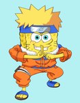 blonde_hair blue_background cosplay hair male ninjutsu simple_background smile solo naruto nickelodeon spongebob_squarepants naruto_uzumaki spongebob_squarepants_(character) marine sea_sponge hi_res