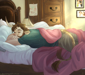 2_horns 5_fingers arms_bent beard bed bedroom blue_clothing blue_pillow blue_shirt blue_topwear bottomwear brown_beard brown_eyebrows brown_facial_hair brown_tail brown_tail_tuft clothed clothed_humanoid clothed_male clothing curved_horn drawing_(object) dresser eyebrows eyes_closed facial_hair fingers fully_clothed fully_clothed_humanoid fully_clothed_male furniture furniture_lamp grey_bottomwear grey_clothing grey_pants hair headboard horn inside light long_tail lying lying_on_bed male male_humanoid morning on_bed on_front pants picture_frame pillow pink_blanket shirt short_hair sleeping solo sunlight tail tail_motion tail_tuft tailwag tan_body tan_horn tan_skin tan_wall tape text topwear tuft wall_(structure) white_pillow aibyou real_world ryan_haywood animal_humanoid bovid bovid_humanoid bovine bovine_humanoid cattle_humanoid horned_humanoid humanoid mammal mammal_humanoid tailed_humanoid 2015 colored digital_drawing_(artwork) digital_media_(artwork) english_description lighting shaded signature url