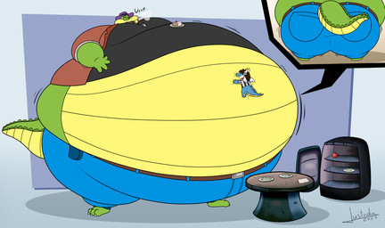 anthro belly big_belly blue_body bottomwear clothing duo green_body hat headgear headwear hug huge_belly male morbidly_obese morbidly_obese_male obese obese_male overweight overweight_male pants shirt size_difference topwear justydia brok_the_investigator cowcat_games mythology brok_(brok_the_investigator) alligator alligatorid crocodilian dragon mythological_creature mythological_scalie reptile scalie 2025 hi_res