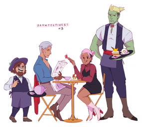 ambiguous_gender beard blonde_hair boots bottomwear chair clothed clothing dress facial_hair female footwear fully_clothed furniture green_body group hair hat headgear headwear high_heeled_boots high_heels human_focus humanoid_pointy_ears male muscular newspaper not_furry open_mouth pointy_ears ponytail shoes sitting table teapot text topwear uniform waiter karina_farek drawfee_(copyright) drawtectives grendan_highforge gyorik_rogdul jancy_true rose_(drawtectives) dwarf human humanoid mammal orc absurd_res digital_media_(artwork) hi_res nonbinary_(lore)