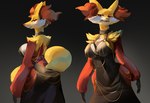 anthro backless_dress big_breasts breasts clothed clothing dress female fur inner_ear_fluff red_body red_eyes red_fur simple_background solo tail tuft white_body white_fur yellow_body yellow_fur austinarts4 hollow_hip_backless_chain_dress meme_clothing nintendo pokemon canid canine delphox generation_6_pokemon mammal pokemon_(species) absurd_res hi_res meme