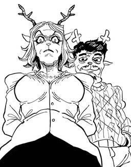 2_horns angry anthro antlers arms_bent beard biped bottomwear breasts button_(fastener) closed_smile clothed clothed_anthro clothed_female clothed_male clothing curved_eyebrows curved_horn duo eyebrows eyelashes facial_hair female fully_clothed fully_clothed_anthro fully_clothed_female fully_clothed_male gem hair hands_behind_back horn husband husband_and_wife iris jewelry long_eyelashes looking_at_viewer looking_down looking_down_at_viewer low-angle_view male married_couple mature_anthro mature_female mature_male medium_breasts mouth_closed mustache necklace no_pupils pants pattern_clothing pattern_sweater pattern_topwear pearl_(gem) pearl_necklace shirt short_hair smile smiling_at_viewer standing sweater thick_eyebrows topwear wife inuub0 deltarune undertale_(series) carol_holiday rudolph_holiday deer mammal new_world_deer reindeer 2025 black_and_white digital_drawing_(artwork) digital_media_(artwork) hi_res monochrome