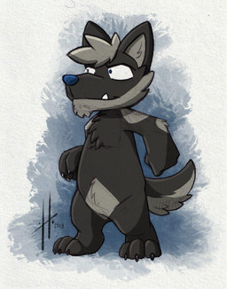abstract_background anthro black_body black_fur black_tail blue_nose cheek_tuft chin_tuft facial_tuft featureless_crotch front_view fur grey_body grey_fur grey_hair grey_tail hair male male_anthro mouth_closed nude short_hair solo standing tail teeth tuft hufnaar canid canine mammal 2018 dated full-length_portrait hi_res portrait