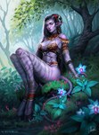 accessory black_hair black_hooves black_horn black_sclera blue_flower blue_markings bra clothed clothing day eyelashes female female_humanoid flower forest hair hooves horn markings moss orange_eyes outside plant purple_body purple_skin shrub sitting solo striped_arms striped_legs tail tail_markings text tree underwear water yellow_markings marie_merkh blizzard_entertainment warcraft draenei humanoid absurd_res artist_name hi_res huge_filesize signature
