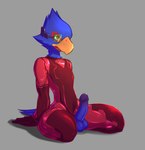 anthro balls beak blue_body blue_feathers bodily_fluids bodysuit clothed clothing erection feathers genital_fluids genitals hands_behind_back humanoid_genitalia humanoid_penis male penis precum red_bodysuit red_clothing red_skinsuit simple_background sitting skinsuit solo submissive submissive_male suit tail tight_clothing visor zero_suit mesmeristmina metroid nintendo star_fox falco_lombardi avian bird digital_media_(artwork) hi_res