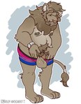 anthro areola balls beard belly big_balls big_balls_small_penis biped bisexual_pride_colors brown_body brown_fur brown_mane clock clothed clothing disproportionate_genitalia eyebrows facial_hair flaccid foreskin fur genitals humanoid_genitalia humanoid_penis lgbt_pride male mane mature_anthro mature_male moobs mustache nipples overweight overweight_anthro overweight_male penis pride_color_clothing pride_color_underwear pride_colors pubes small_penis solo standing tail tail_tuft tan_body tan_fur tuft underwear underwear_only unretracted_foreskin watch wristwatch rileyavocado keith_(aejann) felid lion mammal pantherine 2022 digital_media_(artwork) hi_res