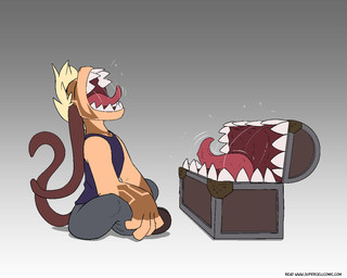 anthro big_arms big_teeth blonde_hair bottomwear brown_ears brown_markings clothing duo female gaping_mouth gradient_background grey_bottomwear grey_clothing grey_pants hair long_ears long_tail markings open_mouth pants shirt simple_background tail tan_body tank_top text tongue tongue_out topwear treasure_chest bmbrice nazuret_kheilafi mimic zeikauko 5:4 url