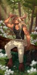 2_horns anthro antlers belt biped black_clothing black_shirt black_topwear blonde_hair blue_eyes boots bottomwear clothed clothing cloven_hooves day eyebrows flower footwear forest front_view grass hair hooves horn log long_hair looking_aside male muscular muscular_anthro muscular_male outside pants plant pouches shirt shoes sitting solo suspenders tan_body tank_top topwear tree white_bottomwear white_clothing white_pants wood conditional_dnp skandiniwi deer mammal moose new_world_deer 2023 absurd_res hi_res