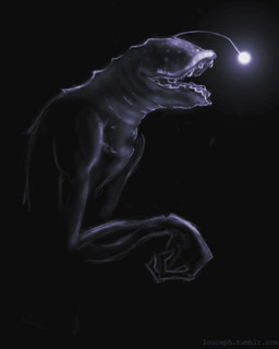 ambiguous_gender anthro bioluminescence black_background creepy esca_(anatomy) eyeless glowing lure_(anatomy) open_mouth side_view simple_background solo teeth text louceph anglerfish fish marine 2018 4:5 digital_media_(artwork) digital_painting_(artwork) english_description half-length_portrait hi_res painting_(artwork) portrait url