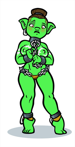 amazon ankle_cuffs bdsm blush bondage bound breasts camel_toe chain clothed clothing collar cuff_(restraint) ear_piercing ear_ring female hair hair_bun handcuffs metal_cuffs muscular muscular_female muscular_humanoid nipples not_furry panties piercing restraints ring_piercing shackles slave solo topless underwear toonbat humanoid orc
