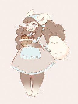 anthro bread clothed clothing curly_hair daww female food fur gloves_(marking) hair long_hair markings solo white_body white_face white_fur teaparties hi_res