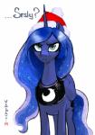 annoyed blue_body blue_eyes blue_feathers christmas_clothing christmas_headwear clothing cutie_mark feathered_wings feathers female hat headgear headwear holidays horn jewelry moon necklace pom_hat santa_hat simple_background solo sparkles standing text white_background wings vombavr christmas friendship_is_magic hasbro my_little_pony mythology princess_luna_(mlp) equid equine mammal mythological_creature mythological_equine winged_unicorn 2013 absurd_res english_text hi_res