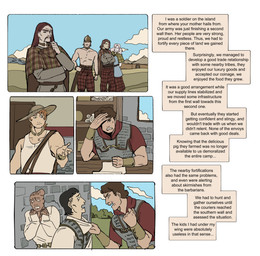 armor bodily_fluids bracelet brick cloud female group hair jewelry male roman scroll sky sweat sweatdrop text wall_(structure) toffee_32 lucas_(toffee_32) human mammal absurd_res comic english_text hi_res