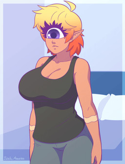 areola bed blush breasts clothed clothing covering covering_breasts covering_self eyelashes female furniture hair humanoid_pointy_ears inside looking_at_viewer multicolored_hair navel nipples not_furry open_mouth pillow pointy_ears purple_eyes short_hair solo text topless two_tone_hair undressing souladdicted viviana_(souladdicted) cyclops humanoid 2018 2d_animation animated digital_media_(artwork) english_text frame_by_frame