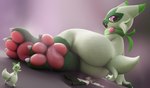 ambiguous_gender anthro big_feet butt extreme_size_difference feet flattened foot_focus fur green_body green_fur group looking_at_viewer looking_back looking_back_at_viewer micro pawpads paws sat_on simple_background size_difference soles steam trio tooeks nintendo pokemon floragato generation_9_pokemon meowscarada pokemon_(species) sprigatito 3d_(artwork) digital_media_(artwork) hi_res