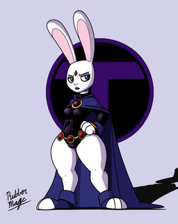 alternate_species anthro belt black_lips breasts cape clothing female leotard lips long_ears plantigrade purple_eyes shortstack solo stern_look thick_thighs tight_clothing white_body wide_hips rubbermage dc_comics raven_(dc) lagomorph leporid mammal rabbit 2017 hi_res signature