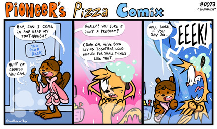 anthro arm_pit armpit_hair bathing bathrobe bathrobe_only bathroom black_dot_eyes blush body_hair braces brown_body brown_fur brush clothing dialogue door dot_eyes duo eek female freckled_face freckles fur nude nude_anthro nude_female robe screaming shower_curtain showering sign simple_eyes soap soap_bubbles speech_bubble spots steam suds text toothbrush wildtake yellow_body yellow_fur anotherartboy pioneer's_pizza chazz_mccheetah peppy_d'beaver beaver cheetah felid feline mammal rodent 2025 comic english_text hi_res