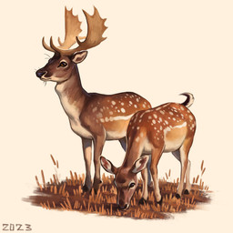 amber_eyes antlers belly brown_body brown_fur duo eating_grass female feral fur grass grazing horn male markings plant quadruped short_tail simple_background standing tail tan_body tan_fur white_background white_belly white_markings alexpahomov cervine deer fallow_deer mammal 2023