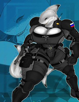 anthro armor armored_boots belt biceps big_breasts black_clothing black_eyes black_shirt black_topwear blinking breasts bulging_breasts claws clothing electronics eyelashes female fin freckled_breasts freckles gauntlets gills gloves grey_body gun handgun handwear huge_arms huge_breasts jumpsuit knee_pads mature_anthro mature_female military military_uniform muscular muscular_anthro muscular_arms muscular_female non-mammal_breasts outline piercing pistol pouches radio ranged_weapon russian russian_flag shark_tail sharp_teeth shirt shoulder_pads smile solo t-shirt tactical_gear tactical_suit teeth thick_thighs tight_clothing topwear uniform weapon white_outline wide_hips zipper ech0shark linkin_park anna_karharova aquatic fish great_white_shark mackerel_shark shark white_shark hi_res